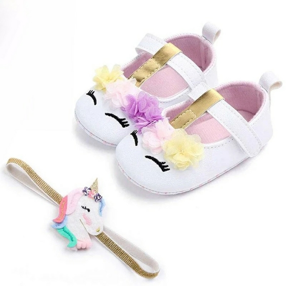Baby Girl Unicorn Crib Shoes With Headband 🦄 - Picture 1 of 6